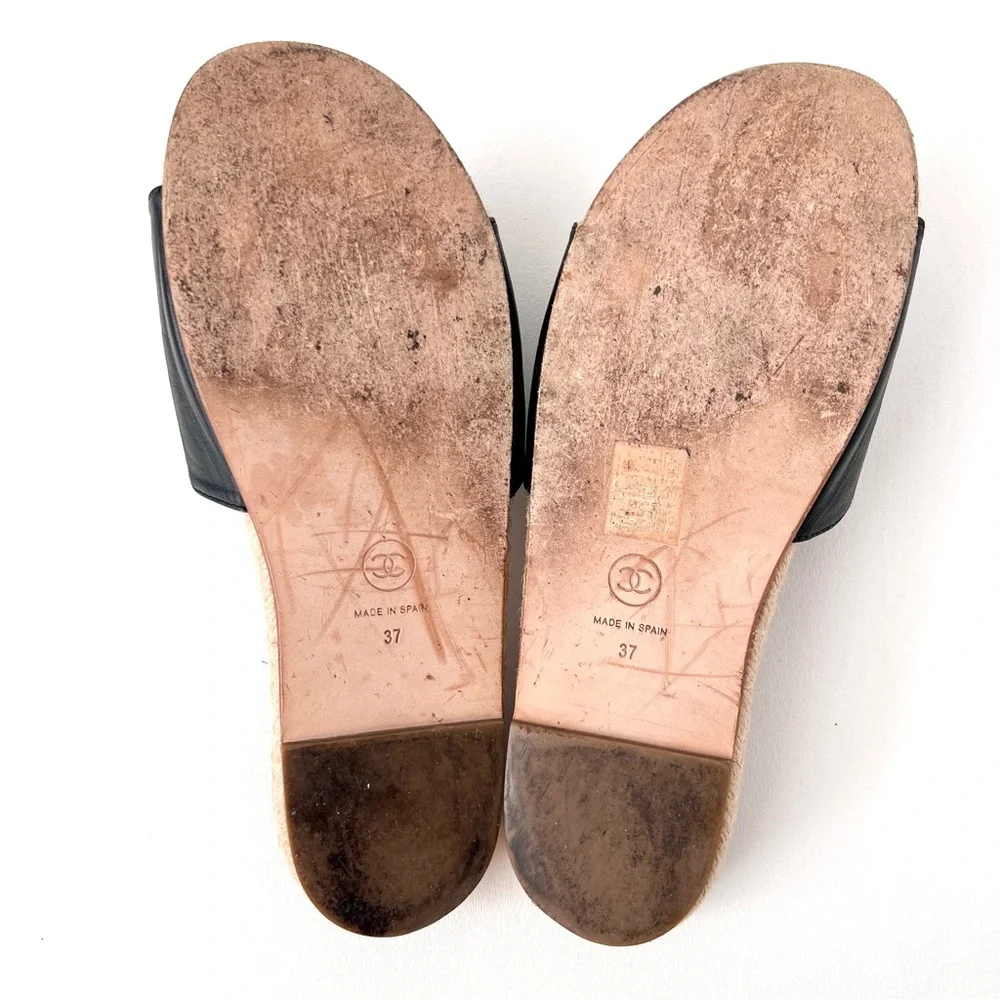 CHANEL | Pearl Embellished CC Logo Black Leather Espadrille Slide Sandals EU 37 - Picture 14 of 14